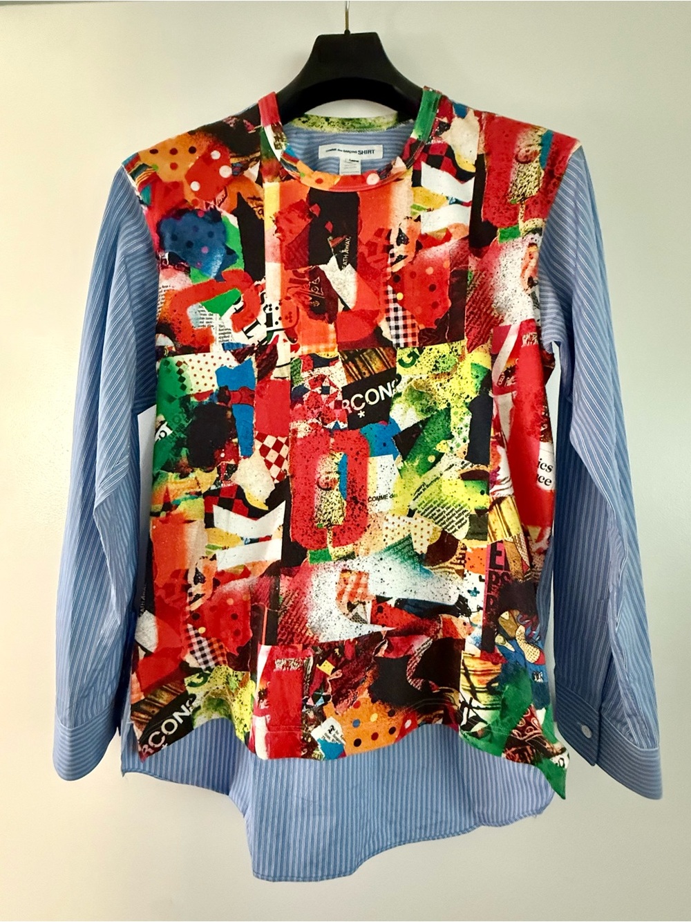Comme des Garcons Multicolor Graphic Front with Light Blue Striped Sleeves